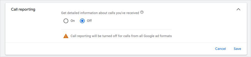 Call Reporting settings showing Off selected