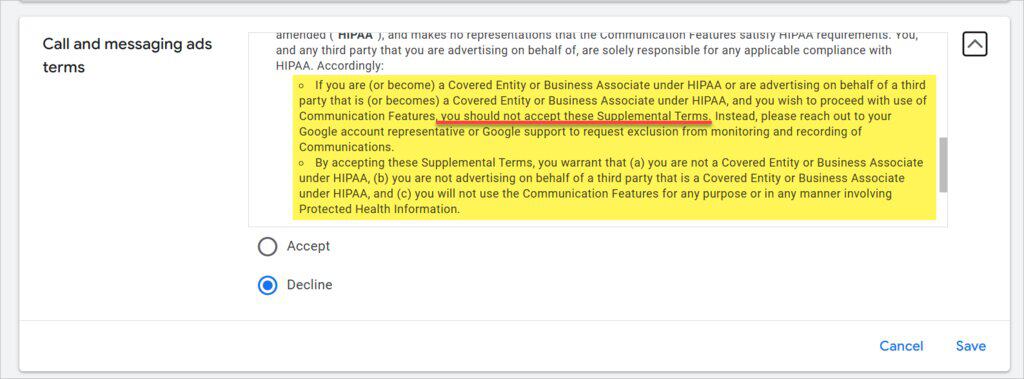 Call and messaging ads terms showing Decline selected